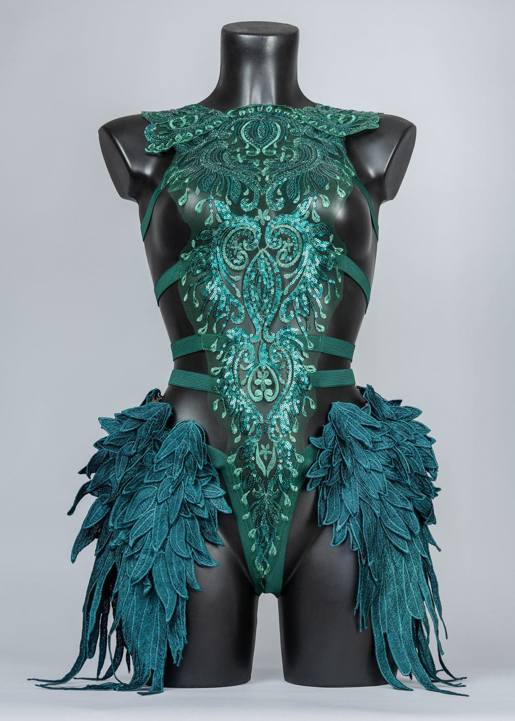 EMERALD FOREST - Sequin Lace & Feather Bodycage